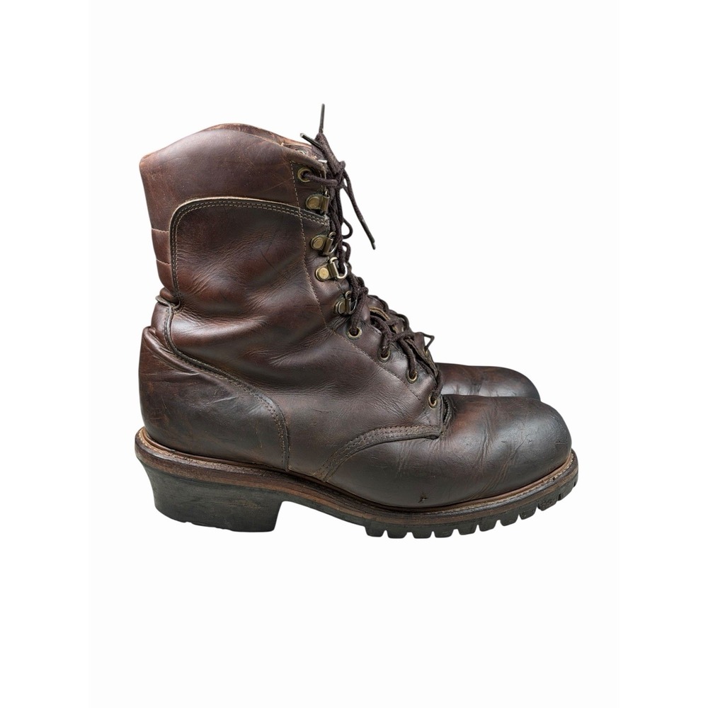 Vintage CHIPPEWA USA Brown Leather Steel Toe Engineer Logger Boots Sz 9?